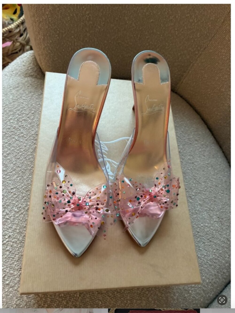 Christian Louboutin AquaStrass PVC Pink Crystal Bow Mules SIZE 7.5/39 (see note) - Picture 3 of 16